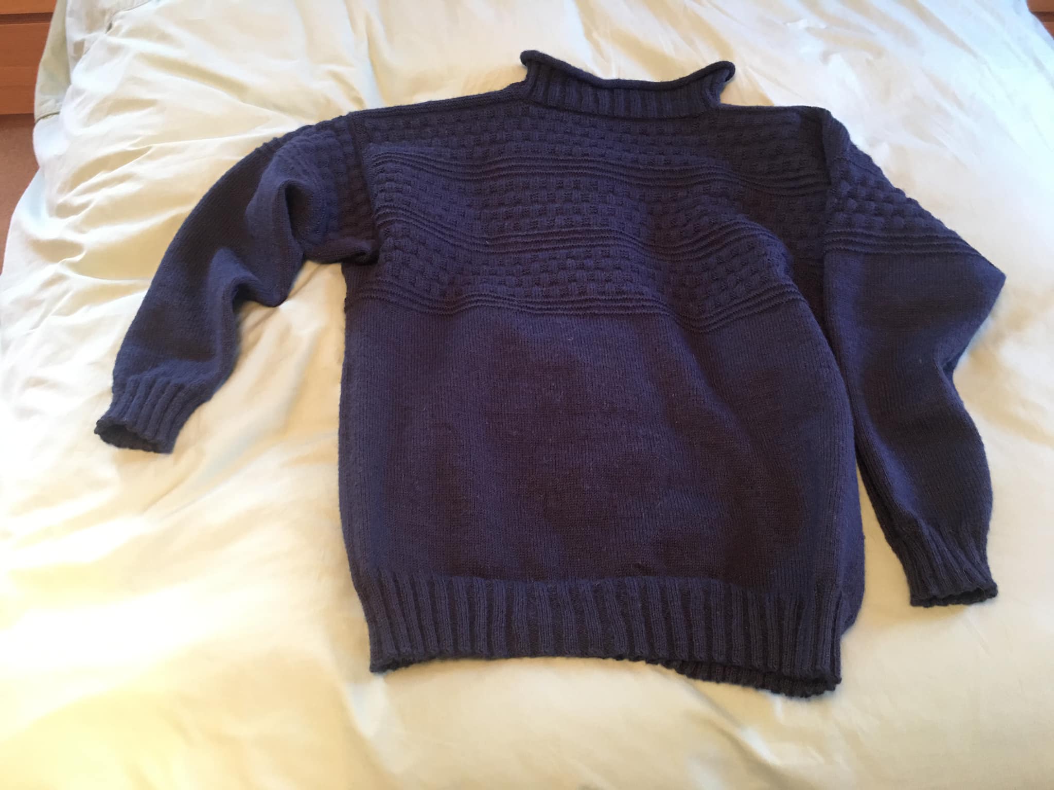 Filey Gansey made with Frangipani yarn keeps wearer warm in 
