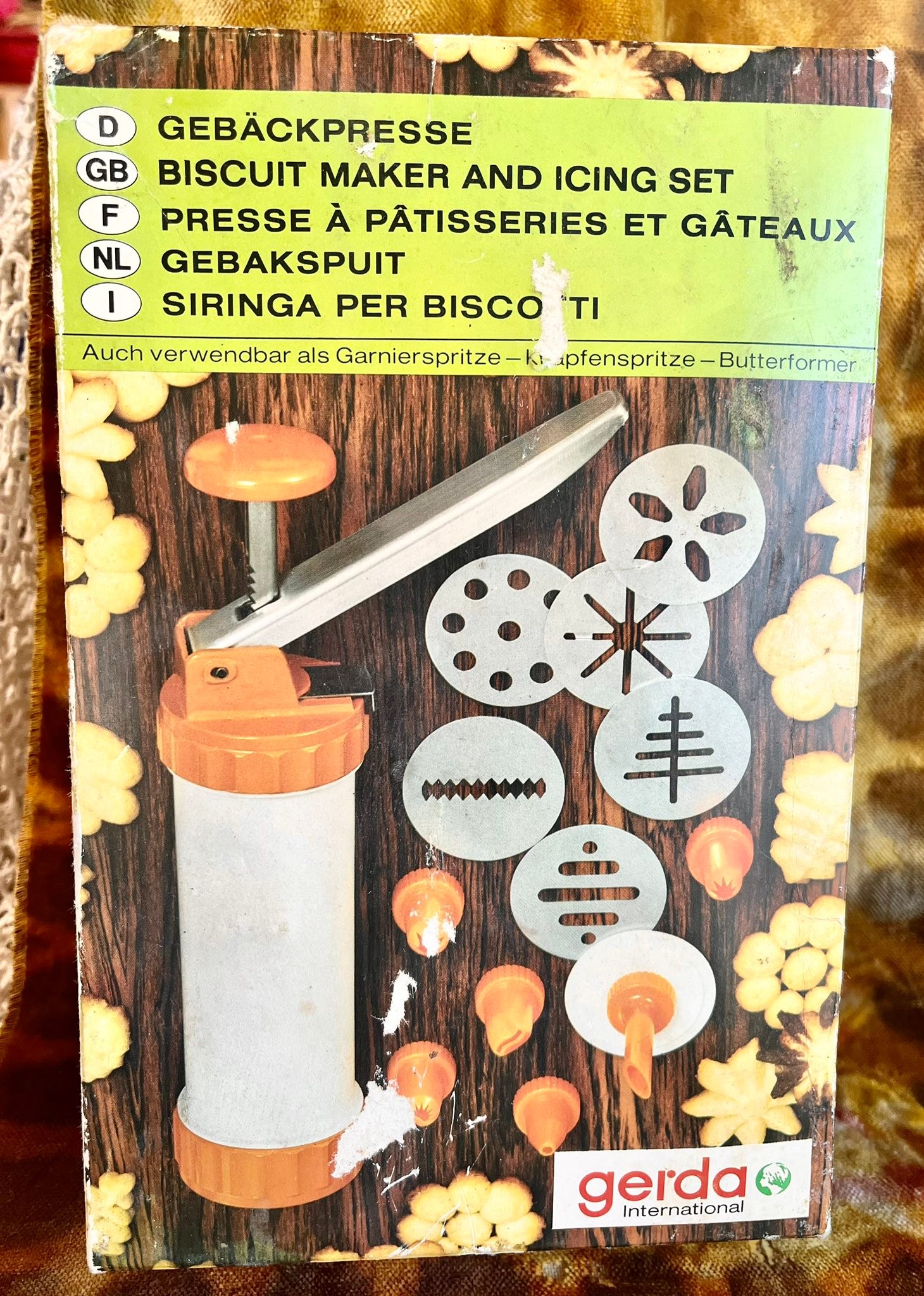 A vintage Gerda International Biscuit Maker and Icing Set. I'm really not sure if this one was ever used, but these old “cookie presses” sure do bring back memories…I can taste the