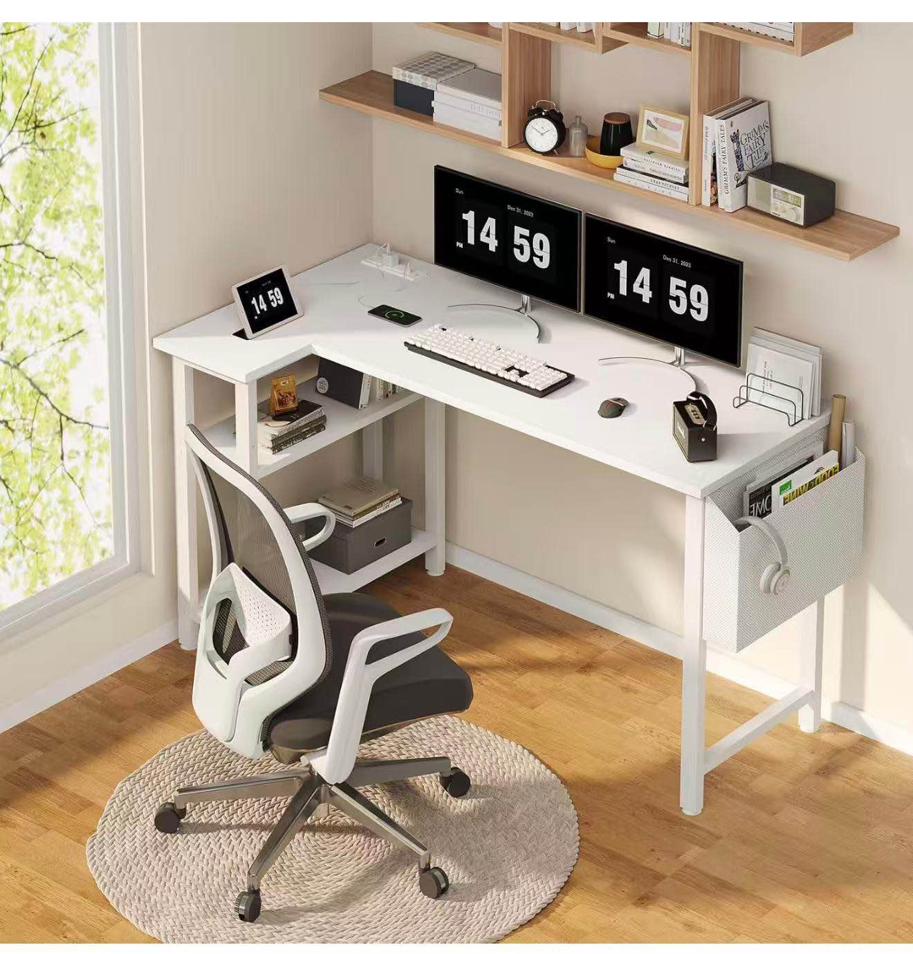 White L-Shaped Computer Desk with Storage Shelves - Desks - Honolulu ...