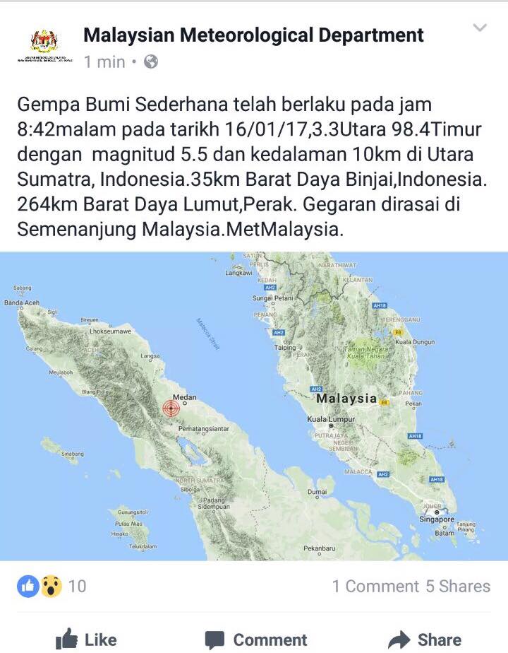 Agensi Pengurusan Bencana Negara Jabatan Perdana Menteri Telah Terjadi Gempa Bumi Dengan Parameter Sbb Kekuatan 5 6 Sr Tanggal 16 Jan 17 Waktu Gempa 19 42 12 Wib Lintang 3 33 Lu Bujur 98 46 Bt Kedalaman 10
