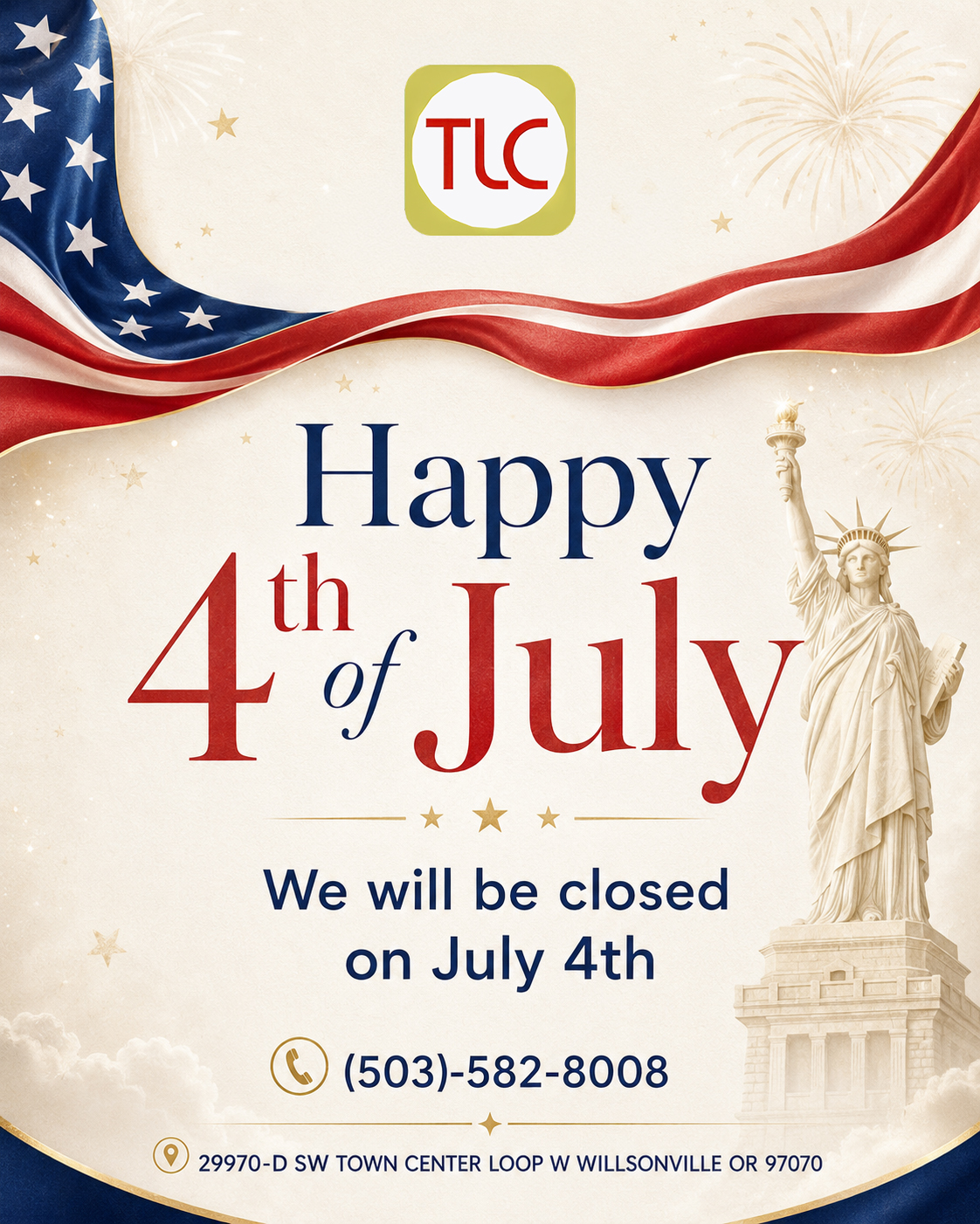 TLC Nails & Spa closed on July 4th for Independence Day