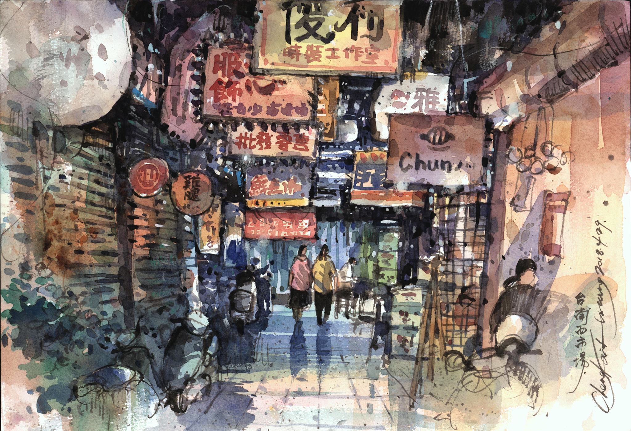 微光輕旅行寫生 - 4月29日，小開老師上課，大家畫台南西市場，練習招牌以及昏暗小巷街景的感覺。（覺得大家都很有潛力，...