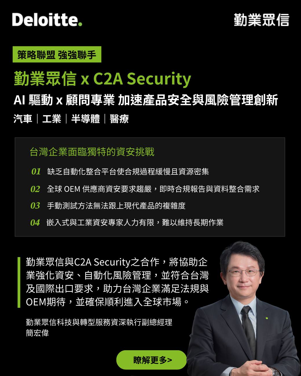 Deloitte - 【勤業眾信 × C2A Security：賦能企業加速資安合規落地】 勤業眾信宣布與 AI 驅動的產品安全協作平台 ...