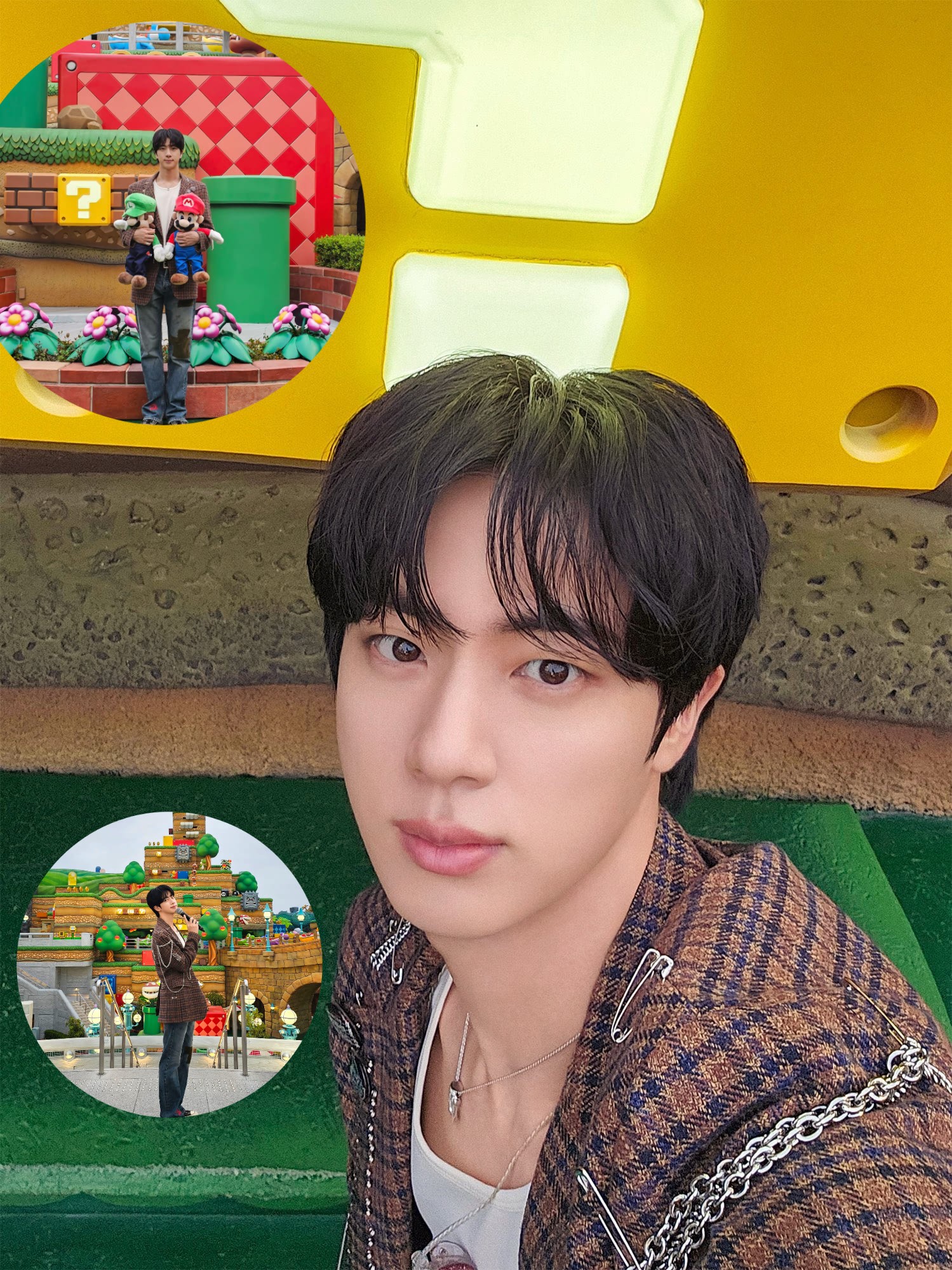 BTS band artist Kim Seok-Jin filming in Super Nintendo World at
