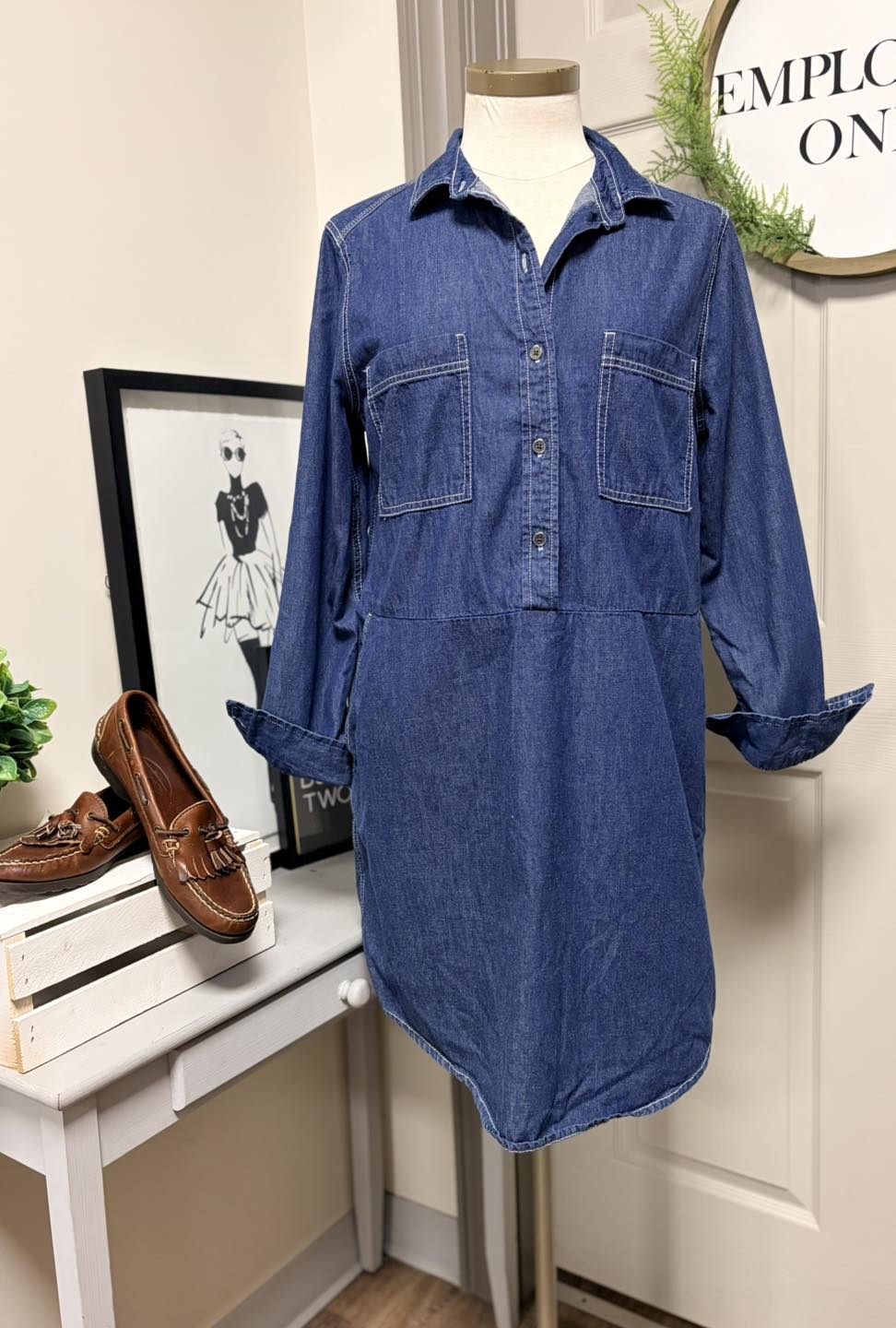 joe fresh denim dress and Talbots loafers at Simply Chic Consignment Boutique Joe browns Black-and-White Bridesmaid Dresses june_2024_mailer first approach to its Color:Camel / Brule