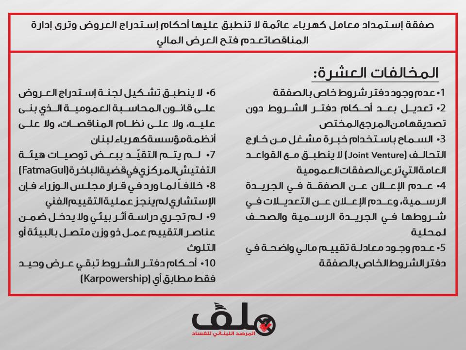 صفقة إستمداد معامل كهرباء... - المرصد اللبناني للفساد - Malaf | Facebook