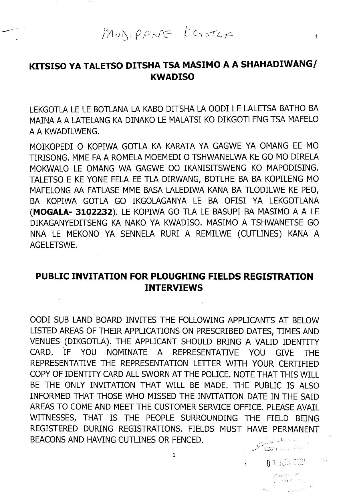 PUBLIC NOTICE OODI SUB LAND BOARD... - Modipane Village