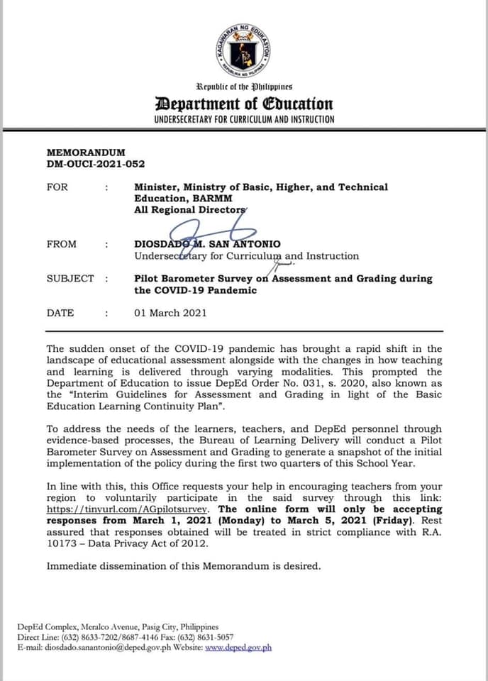 DepEd Bukidnon - Pilot Barometer Survey on Assessment and...