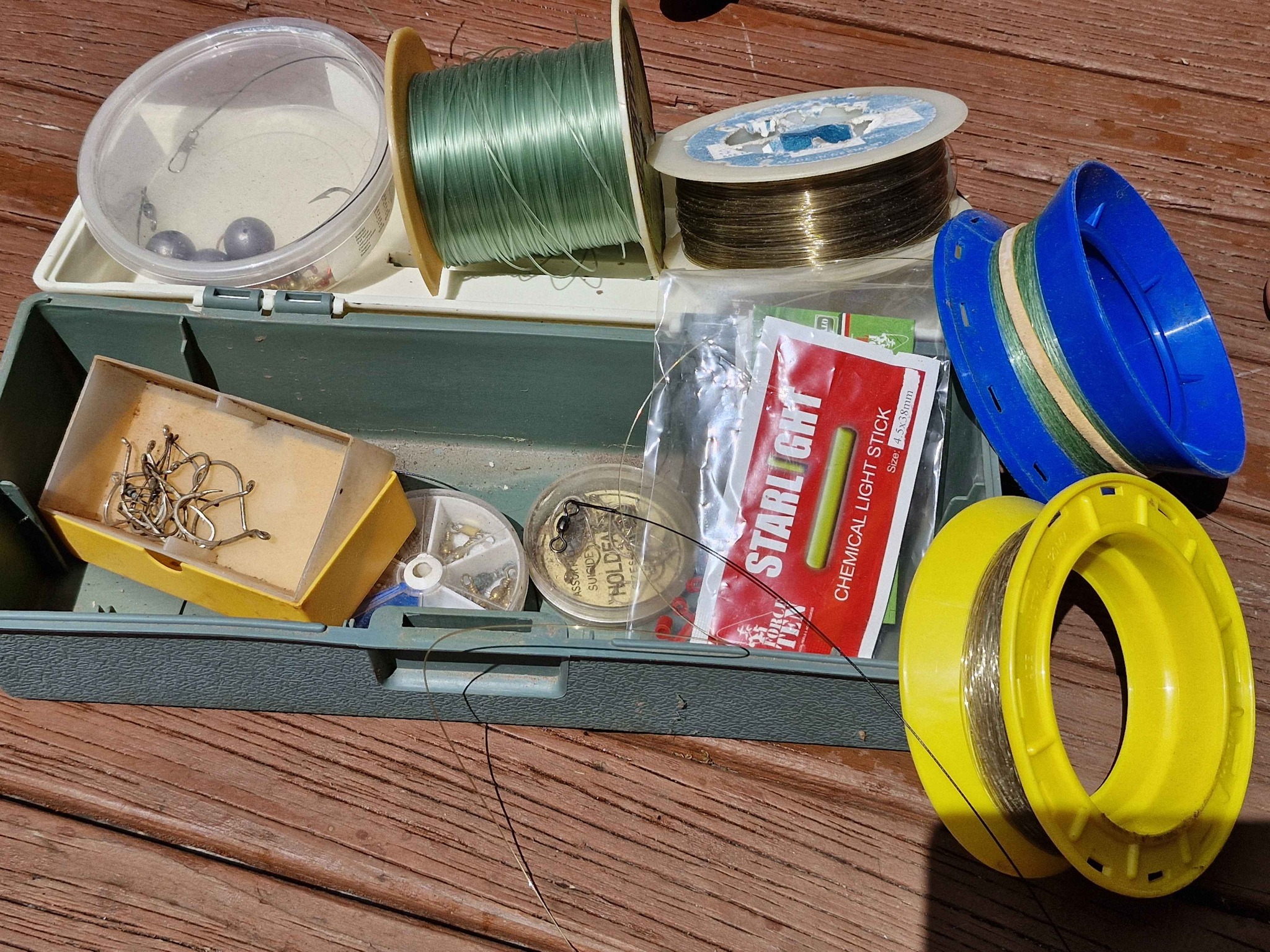 Fishing tackle box and gear - monoline hand reels hooks sinkers etc ...