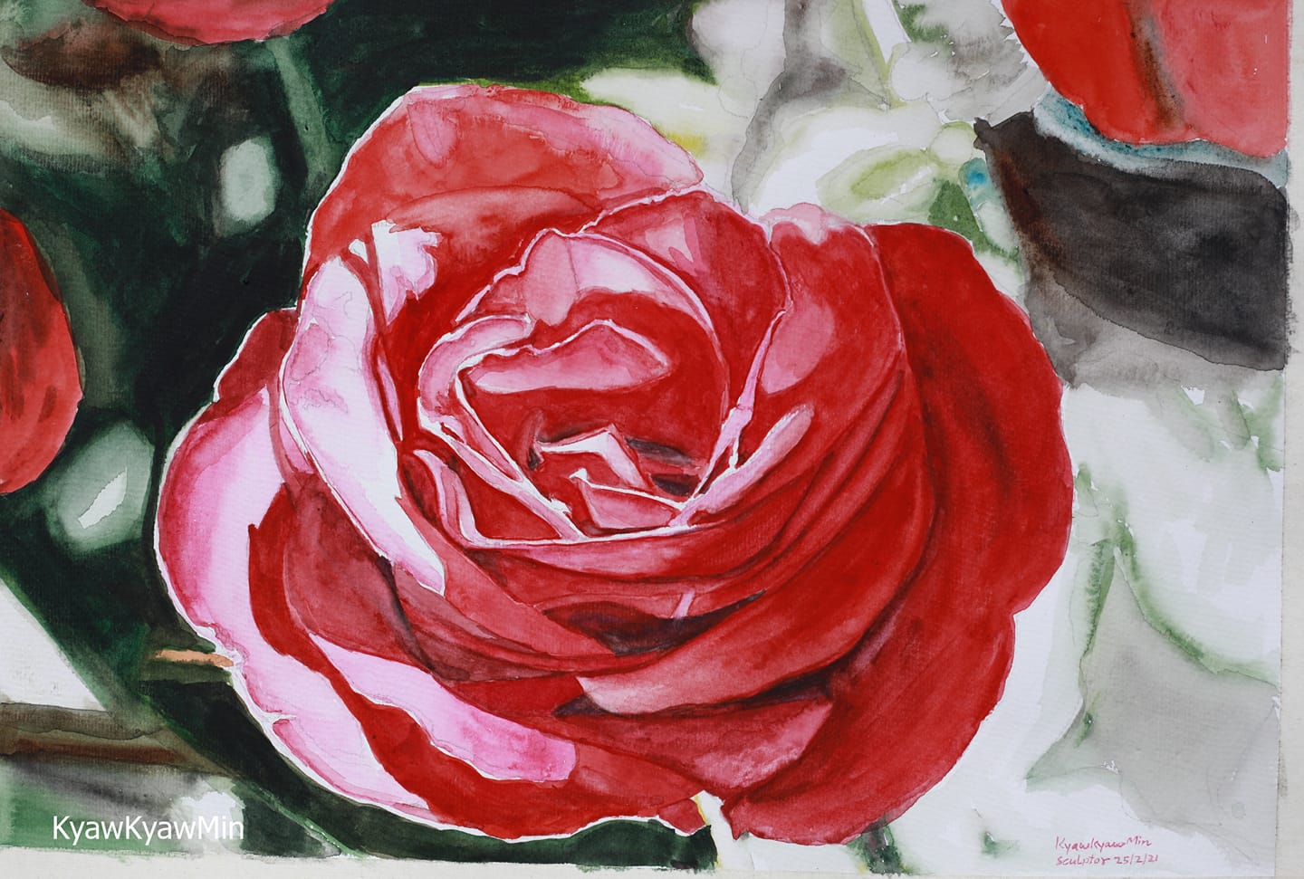Myanmar watercolor roses by Khin Moe Pwint