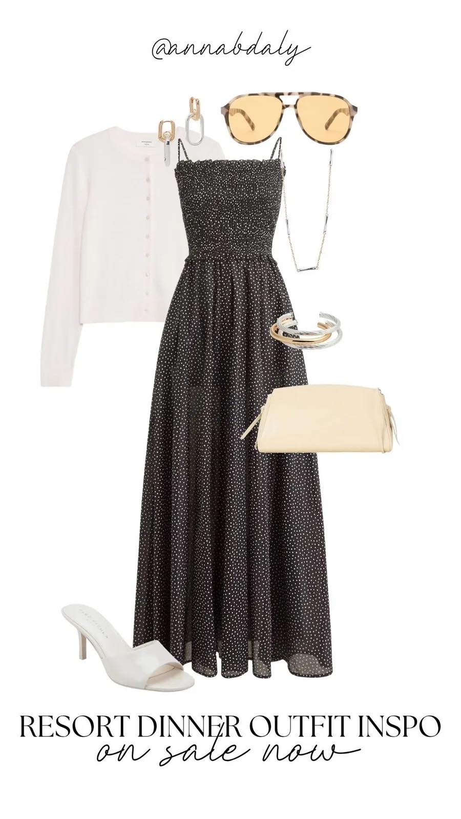 dinner outfit dress This resort has my whole heart right now and everything is on sale! A polka dot midi with a cream cardigan and white heels is such a chic combo Color:Aegean Tide sew a dress Matching Mommy and Me Summer dinner and understated accessories