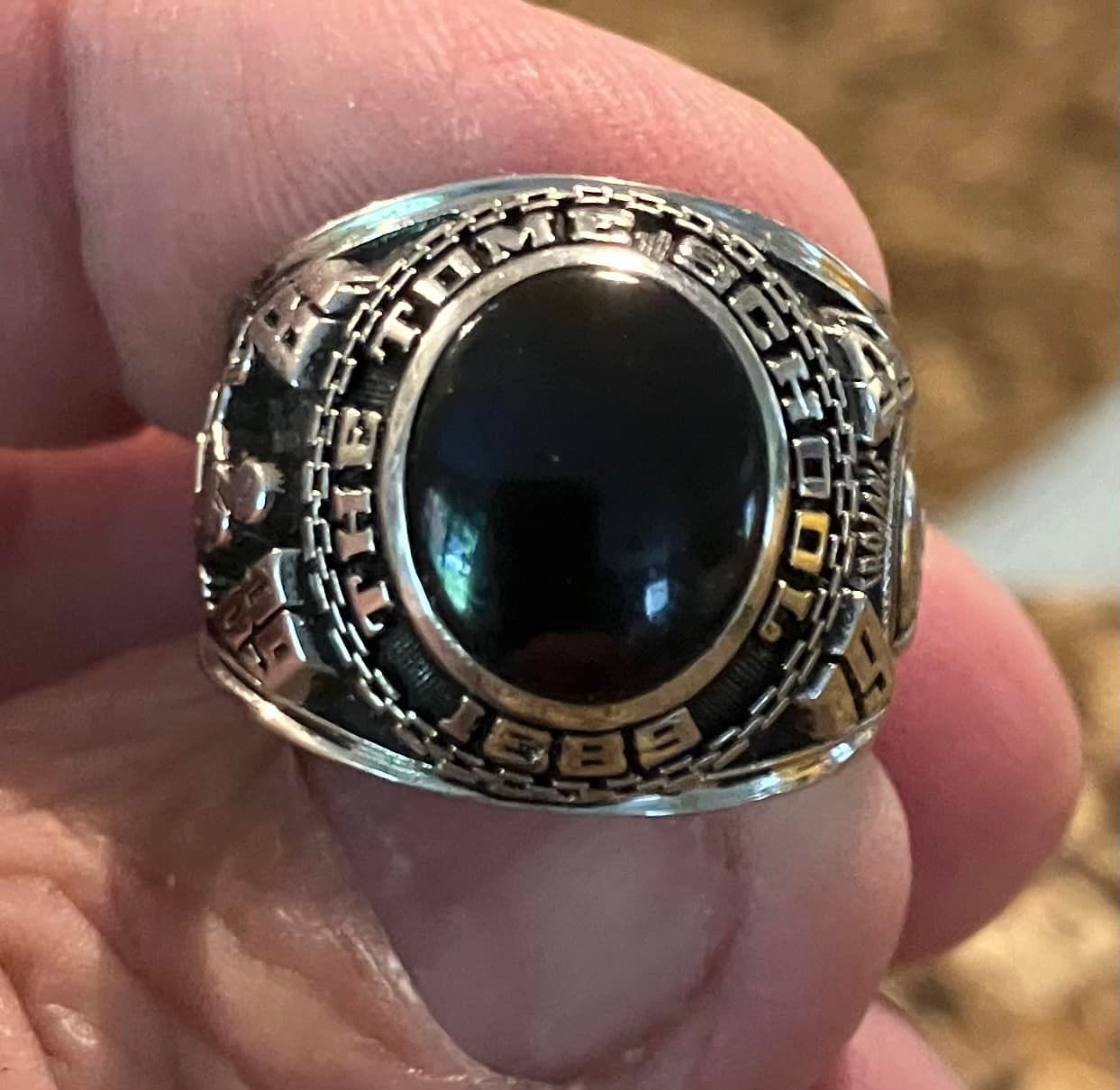 Class of 1980, Camanche High School, white gold, round blue stone