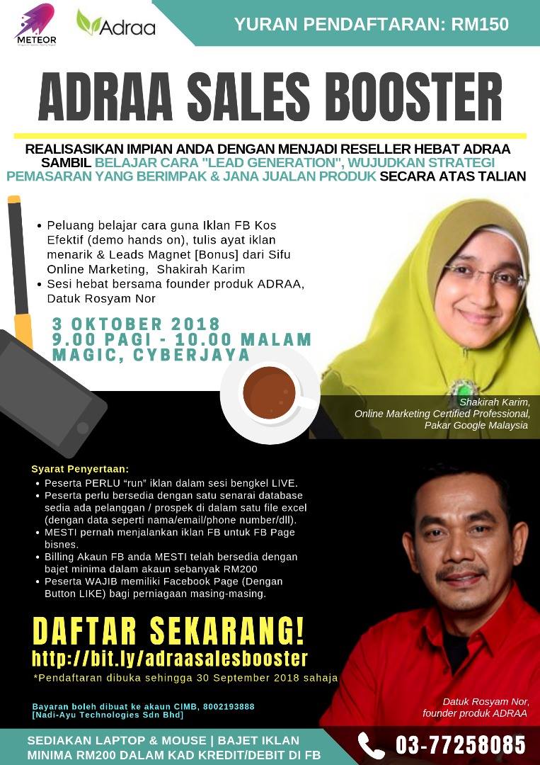 Wena Sales Booster Jana Pendapatan Bersama Adraa Program Bootcamp 1 Hari Bersama Pakar Google Malaysia Puan Shakirah Karim Dan Founder Adraa Datuk Rosyam Noor Pelakon Pengarah Usahawan Durian Belanda