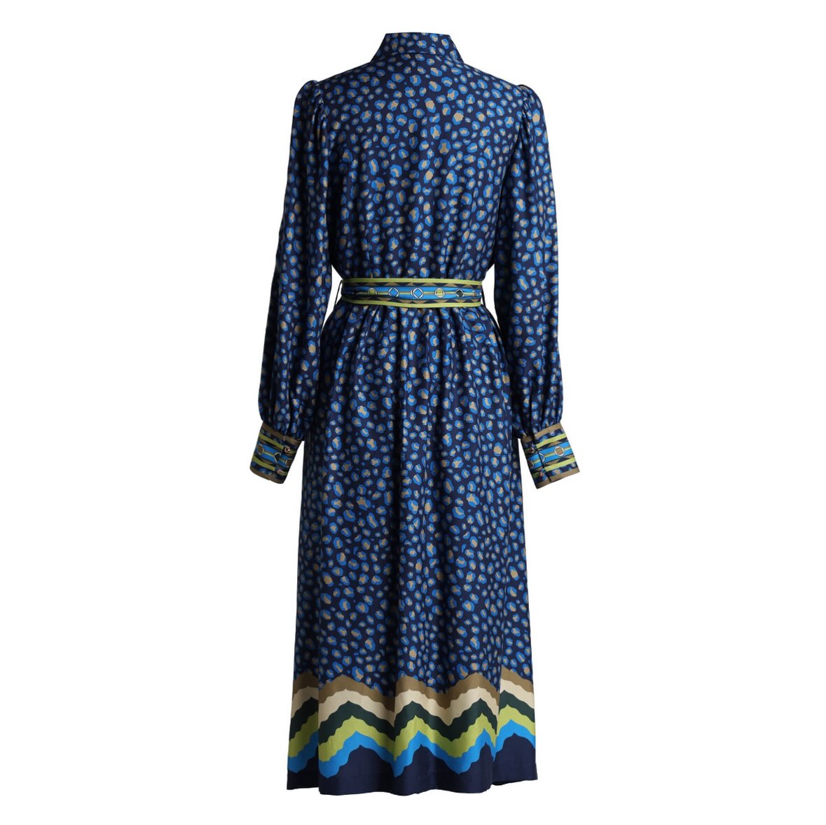 A stunning statement dress in a rich navy and cobalt blue animal print, finished with eye-catching lime, blue and gold geometric detailing. ✨ #statement #dress #blue #green