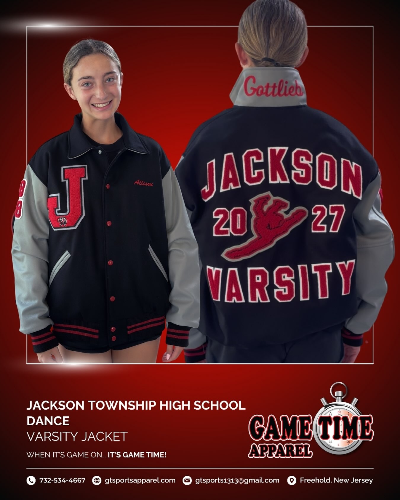 Custom varsity jacket for Jackson Township High School dance team