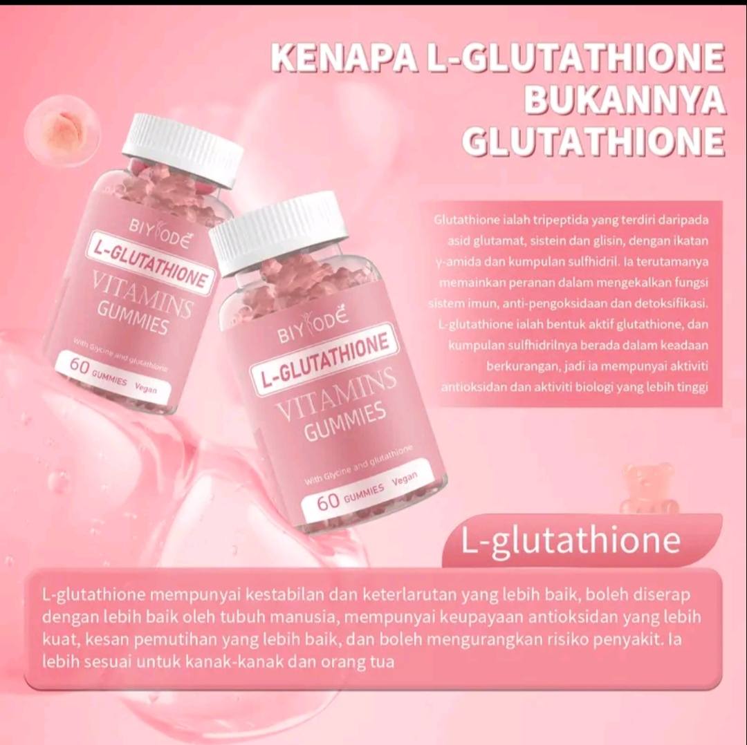 fungsi l glutathione BIYODE L-Glutathione Gummies SKIN Whitening untuk Memutihkan & Melembapkan Kulit | 500mcg Biotin & L-glutation | Dengan Vitamin C, D, E & Asid Pantothenik Container:Bulk bpc 157 transcend sermorelin Skin Type_Combination Skin