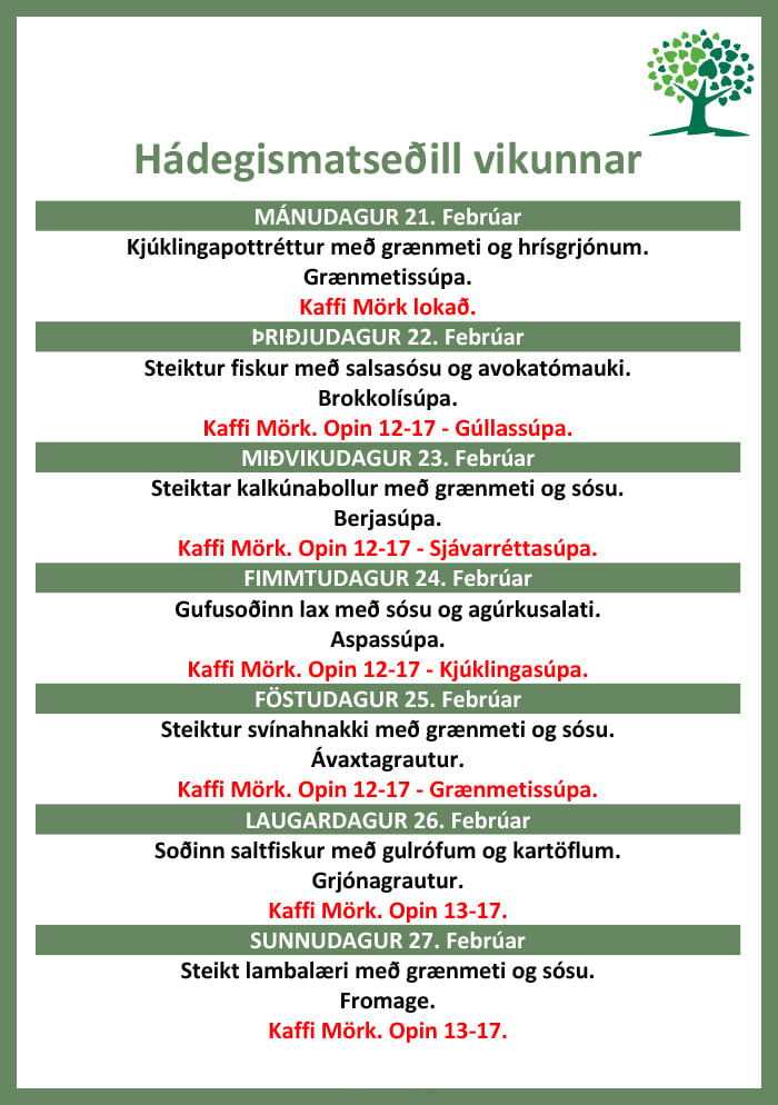 Matseðill vikunnar 21. - 27. febrúar. - Mörkin, íbúðir 60+ | Facebook