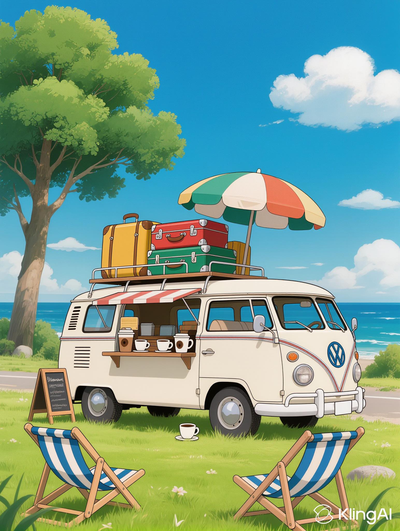 Vintage Volkswagen bus mobile coffee shop by the ocean
