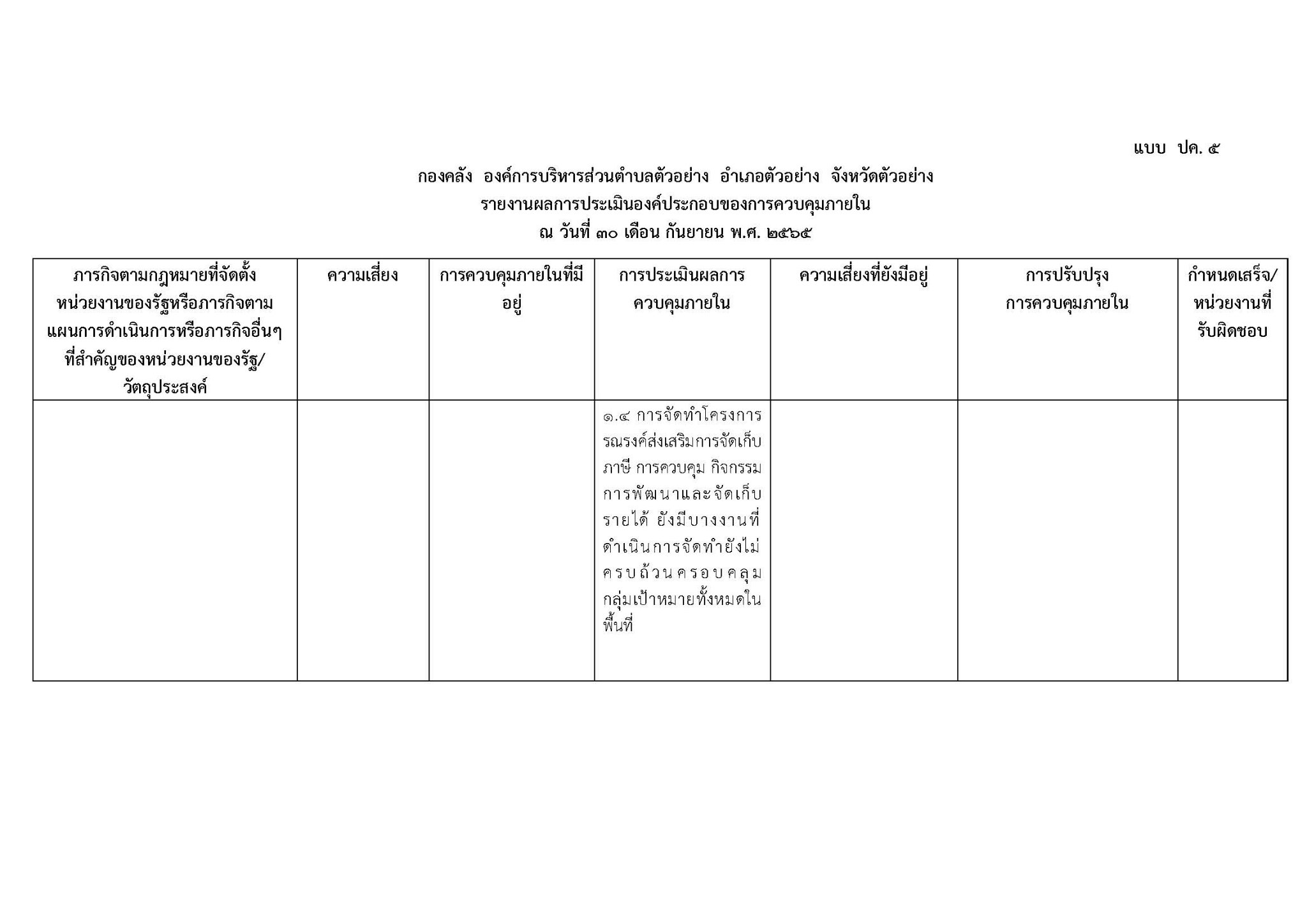 📌ตัวอย่างแบบรายงานการประเมินผลและการปรับปรุงการควบคุมภายใน (แบบ ปค.5 ...