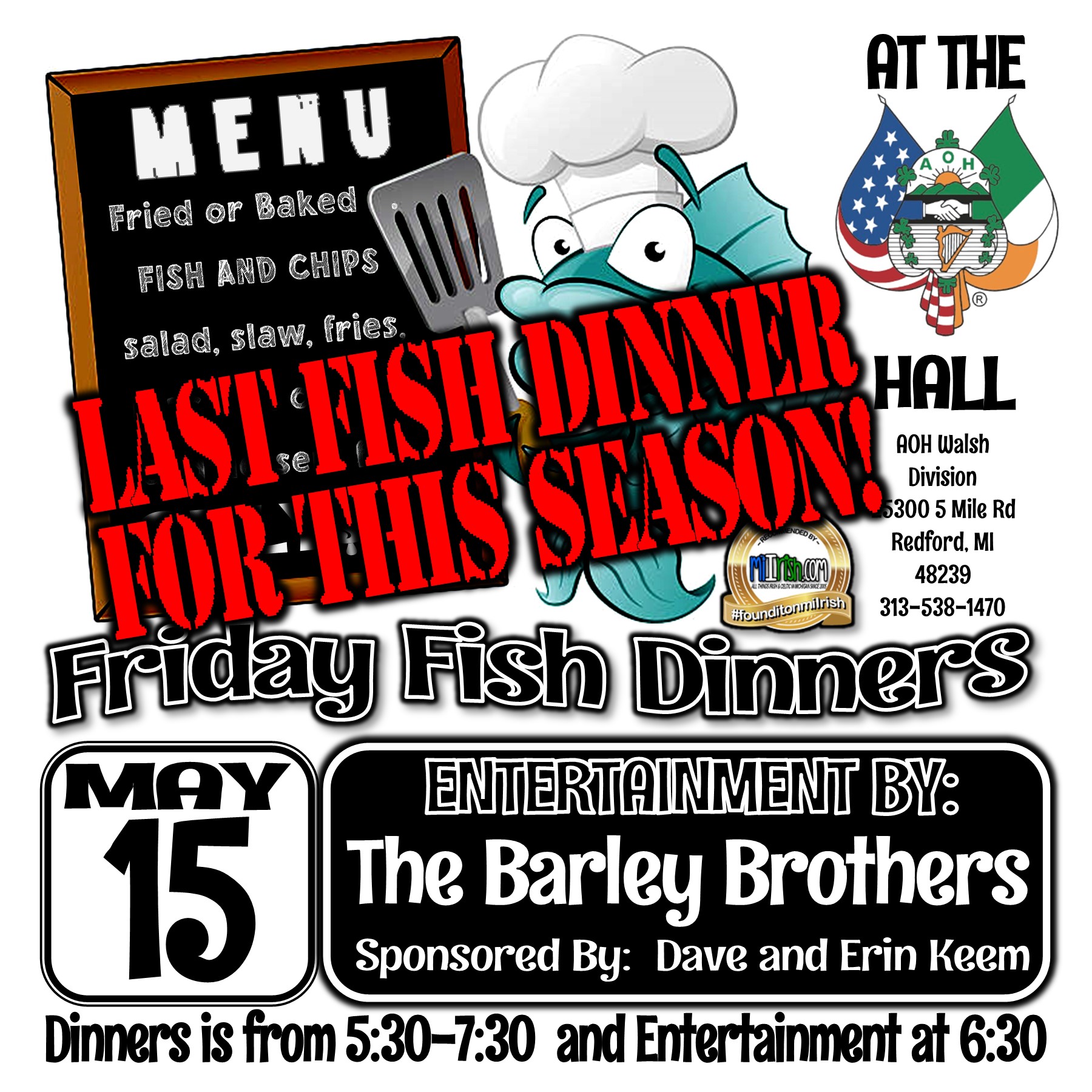 Fish Dinner Fridays at the AOH Stephen Walsh Division in Redford