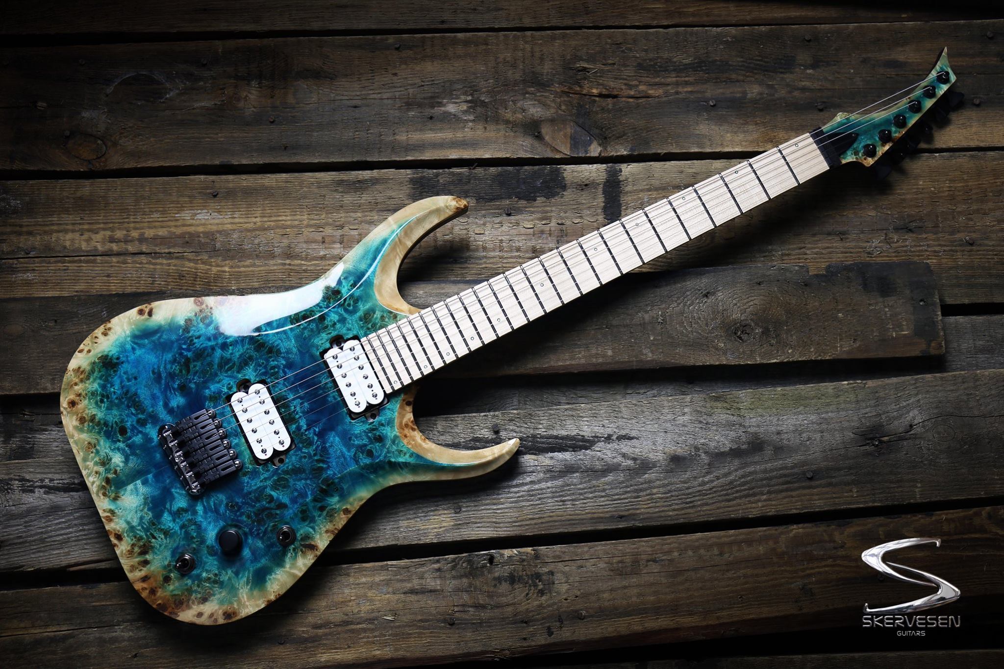 Raptor 6 with poplar burl carved top, black limba body, 5-piece 