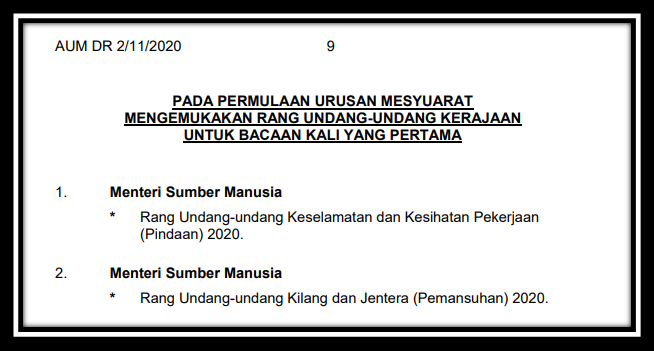 Department Of Occupational Safety And Health Ruu Akkp Yb Menteri Sumber Manusia Dijangka Mengemukakan Rang Undang Undang Ruu Kerajaan Untuk Bacaan Kali Yang Pertama Di Dewan Rakyat Iaitu Rang Undang Undang