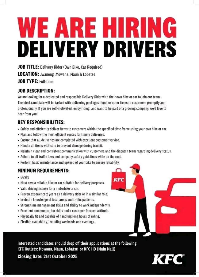 Thato Moeti - Delivery Drivers wanted at KFC | Facebook
