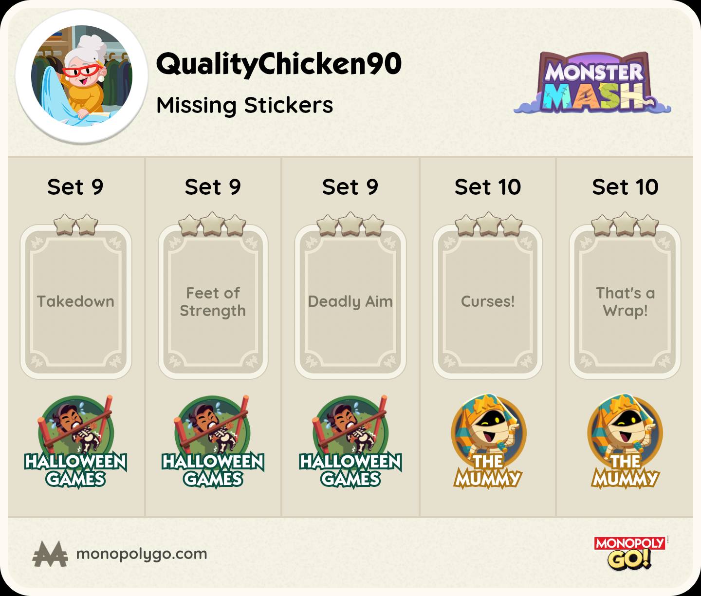 まいやん（プロフ必須） Monopoly Go! trades available: Chicken90, Monster Mash, Halloween