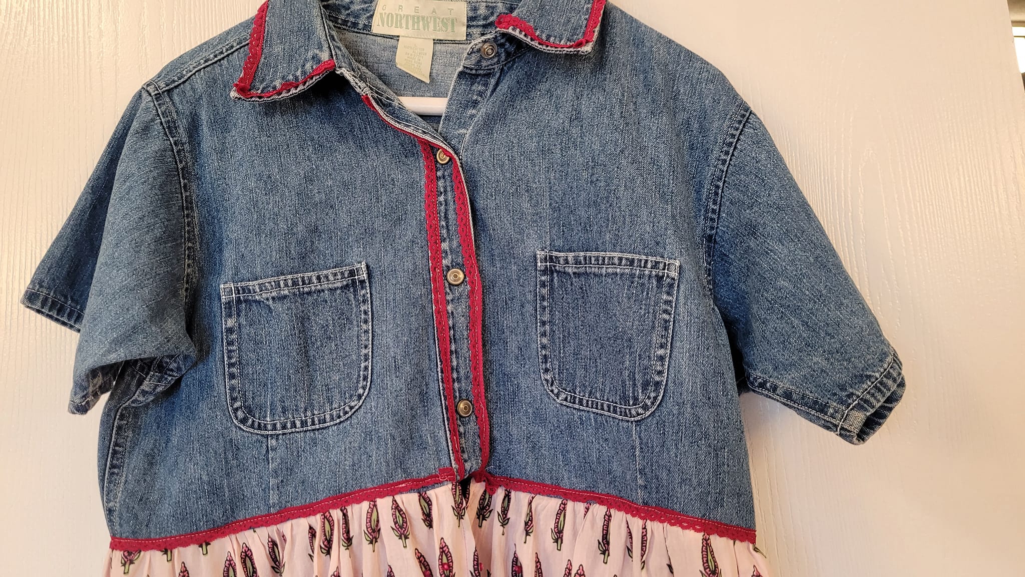 Upcycled jean shirt with lace trim and sundress hem