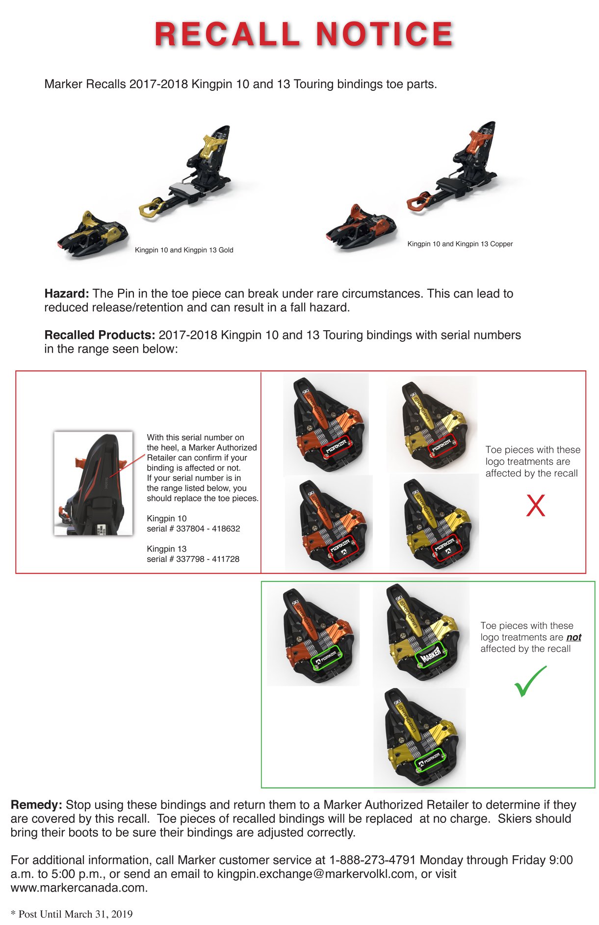Marker Kingpin binding recall notice for 2018 and 2019 buyers
