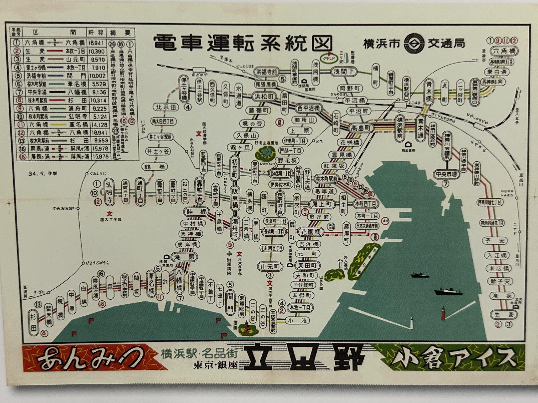 昭和34年（1959年）頃の横浜市電の路線図です。 生麦・六角橋・本牧