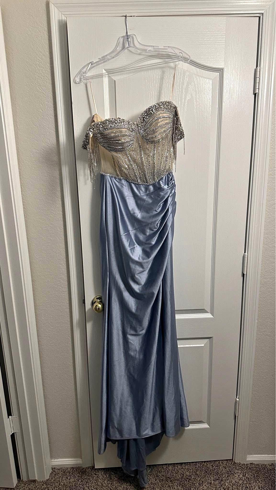 open lace back dress V-Neck Long Prom Dress with Sheer Sides Royal Blue / 14
