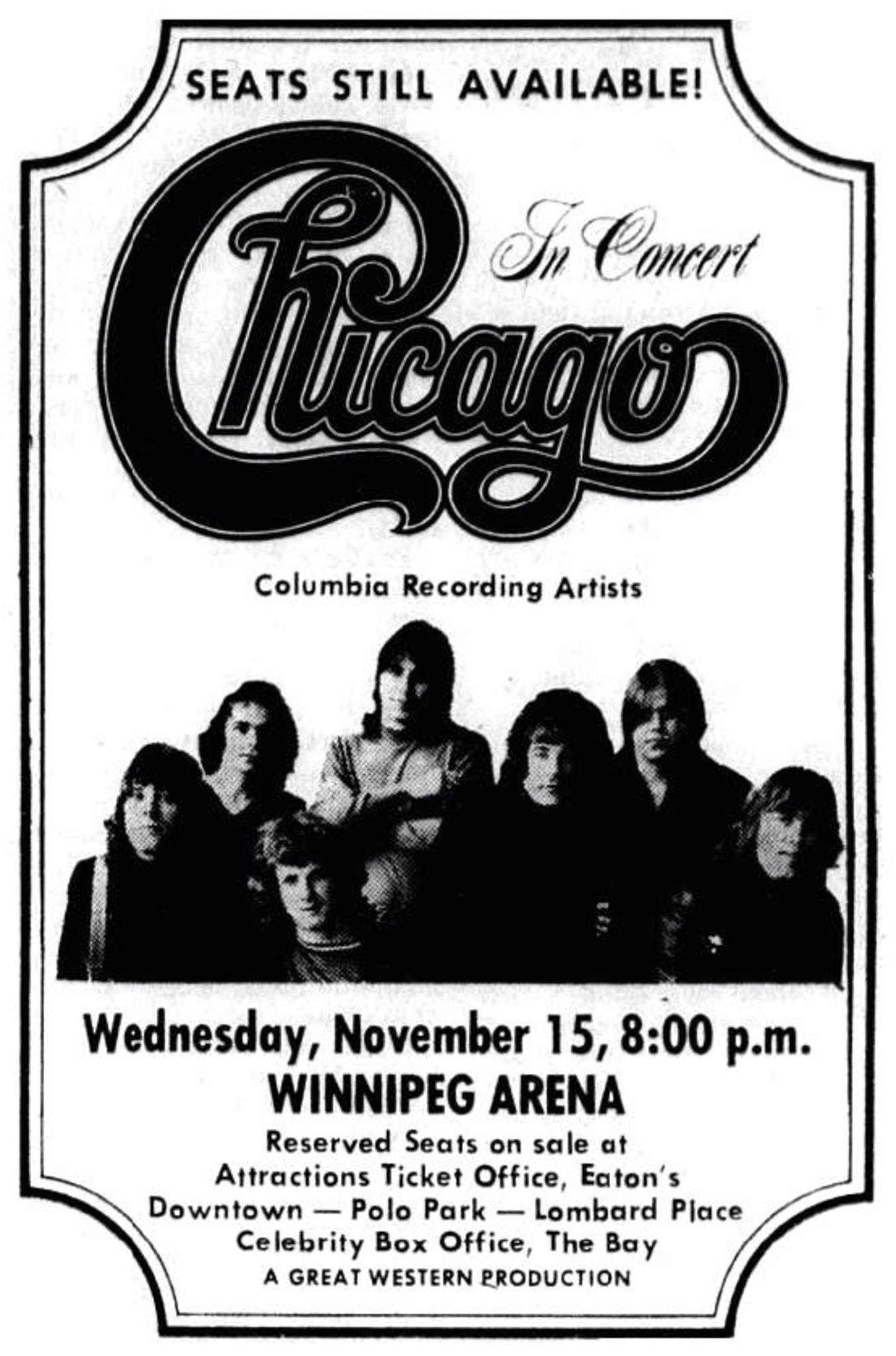 Advertisement for Chicago at Winnipeg Arena, 1972