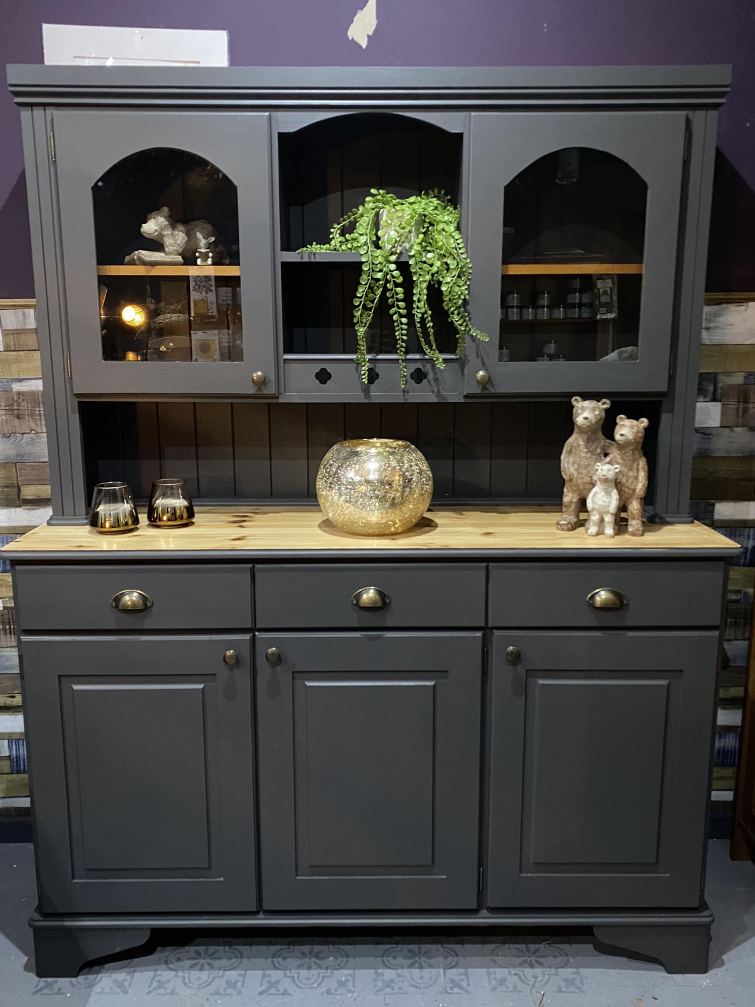 dark grey welsh dresser New price £769 Very good condition has one mark on one of the shelves Height 200 cm Width 130 cm Depth 42 cm detachable sleeve gown