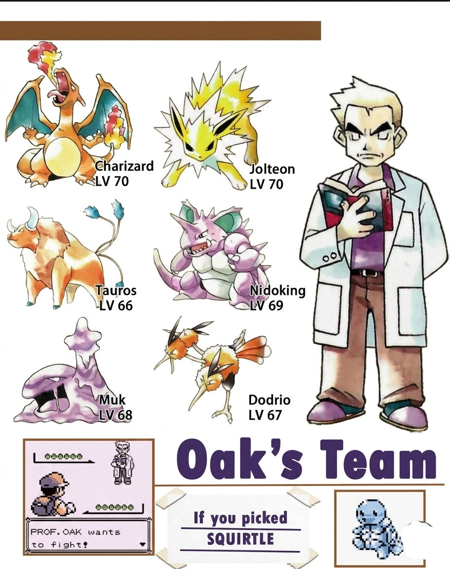 Professor Oak's Team Breakdown Pokémon Level Type Blastoise 70