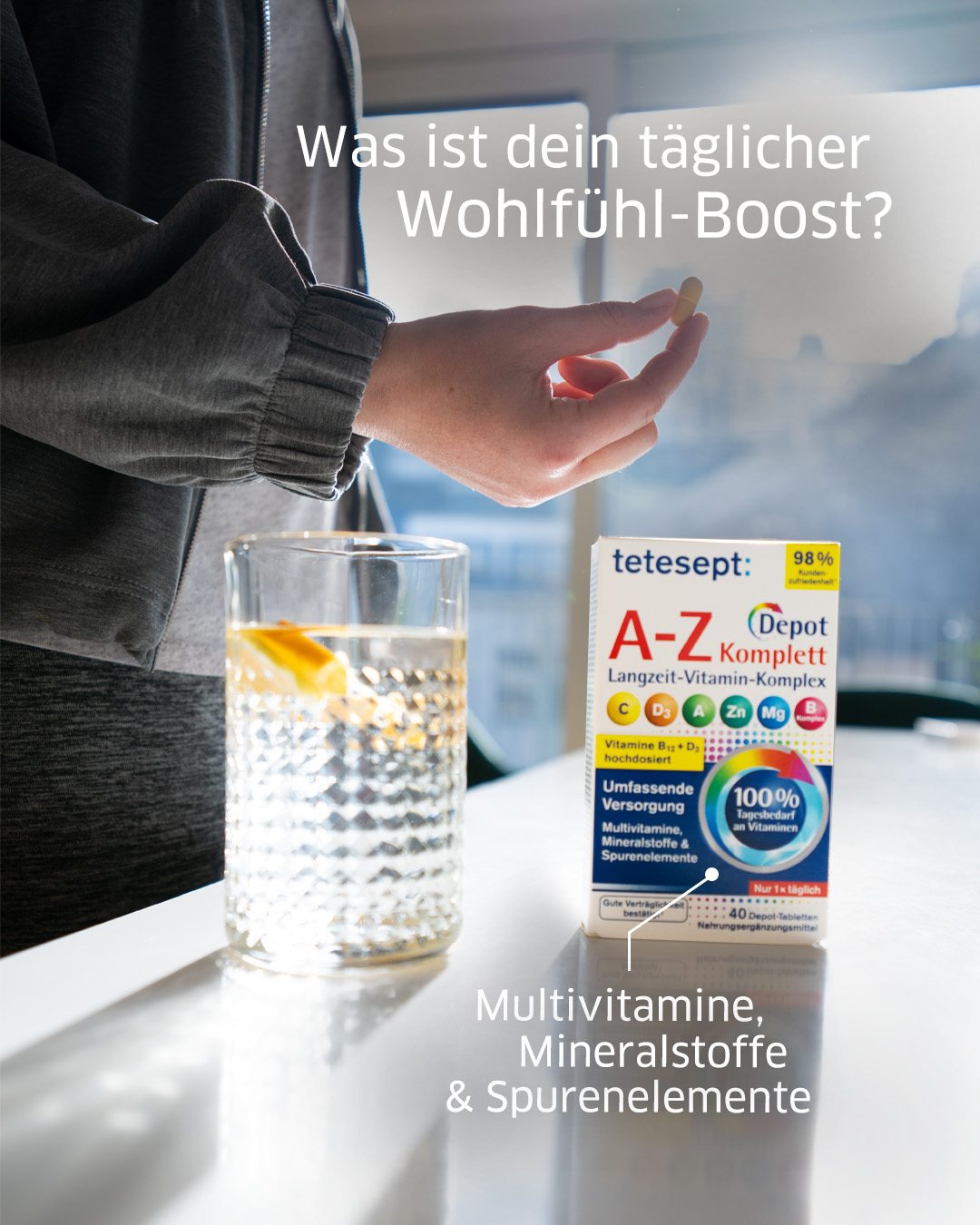 tetesept »A–Z Komplett Depot« decken 100% des Tagesbedarfs an Vitaminen. ✨️ Durch die innovative Depot Technologie werden die aufeinander abgestimmten Vitamine, Mineralstoffe und Spurenelemente über mehrere Stunden hinweg freigesetzt. ⏱️ 👉️ Jetzt
