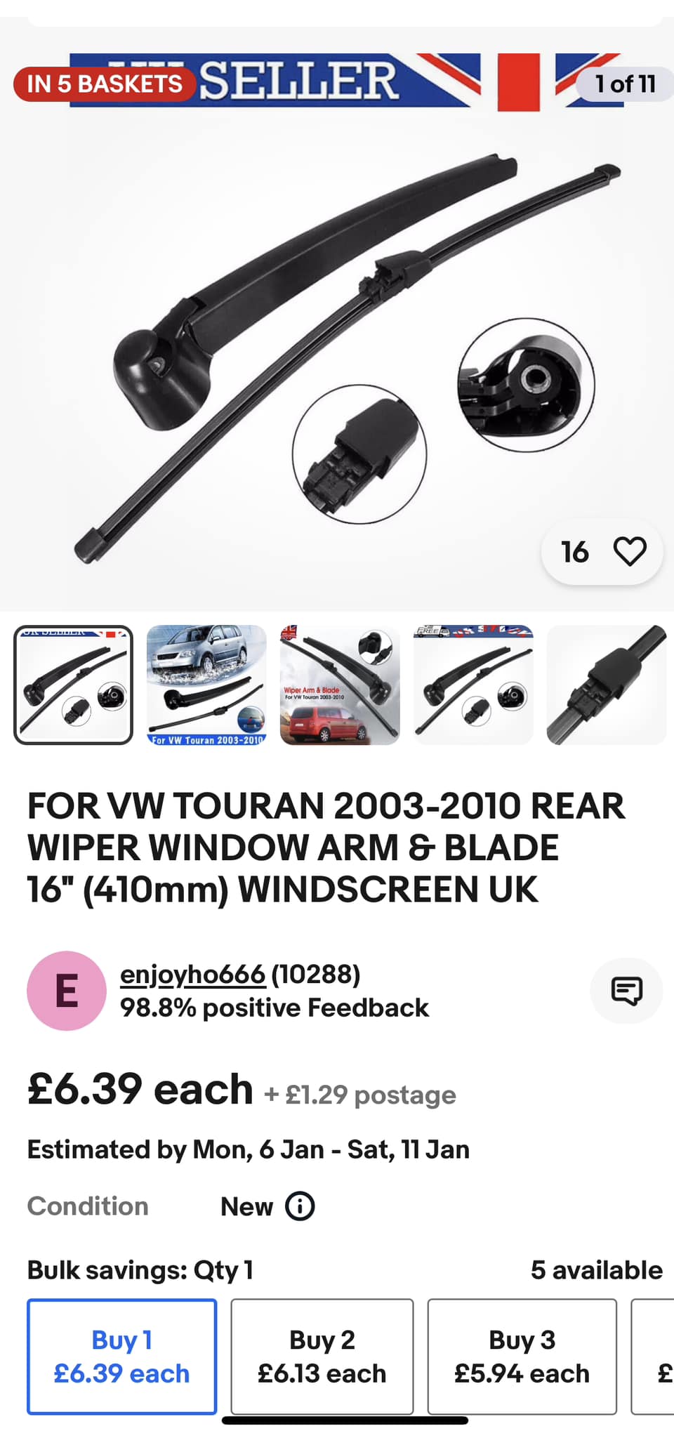 Rear Wiper Arm and Blade for VW Touran 2003-2010 40cm