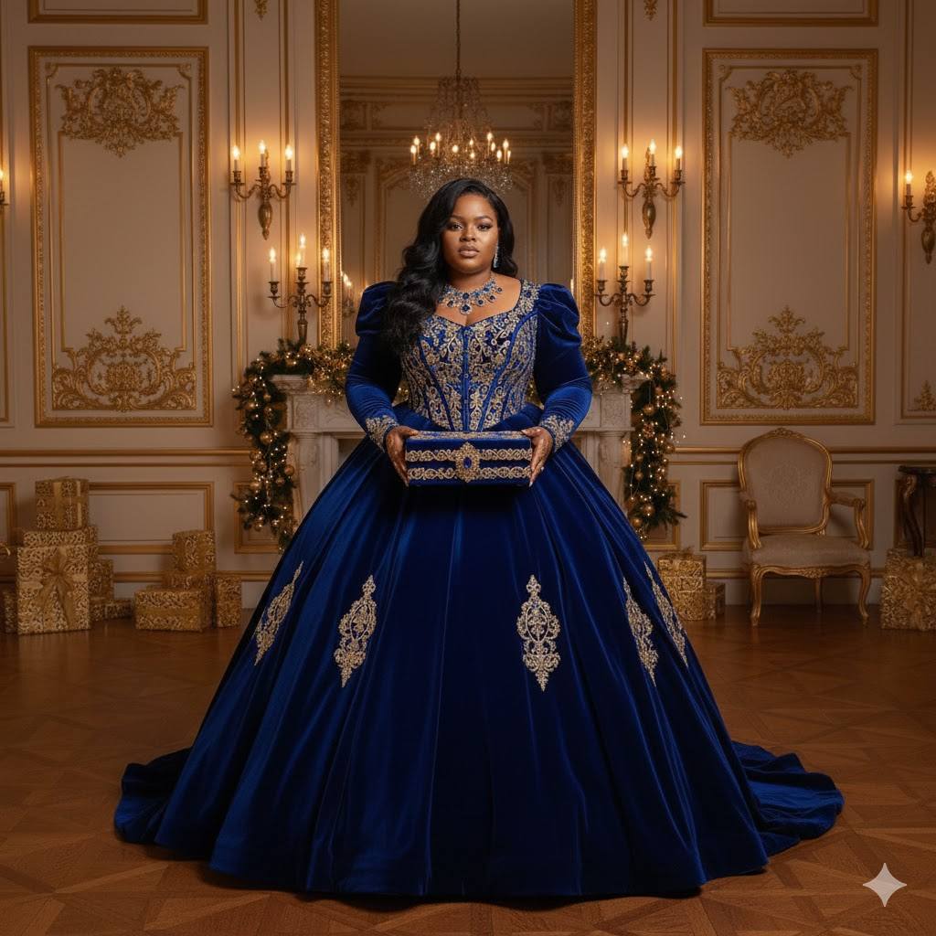Step into the realm of timeless elegance with The Royal Sapphire Majesty. This exquisite royal-blue velvet gown, adorned with intricate gold embroidery, captures the essence of power, grace, and sophi