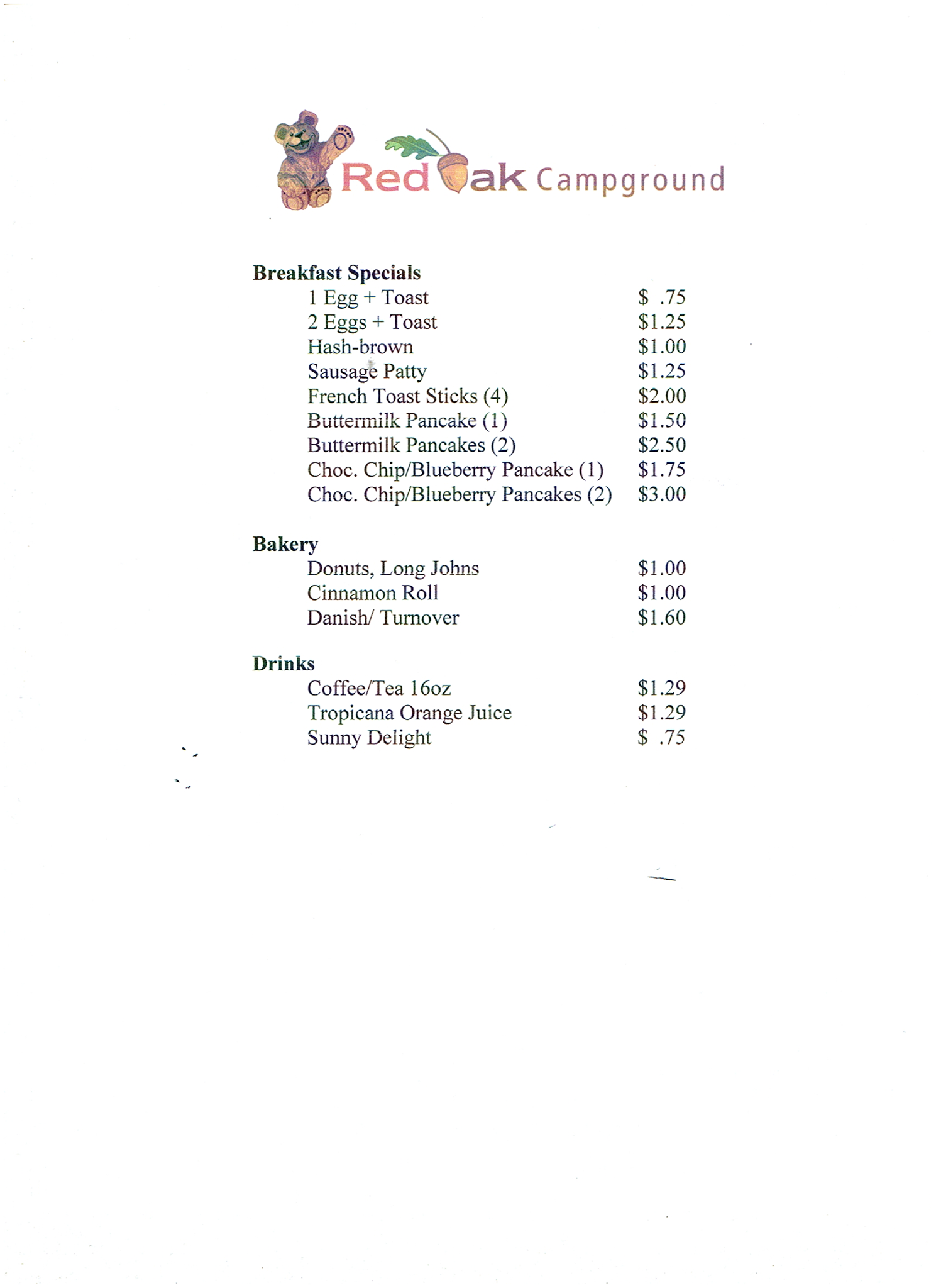 Our Breakfast Menu - Red Oak Campground