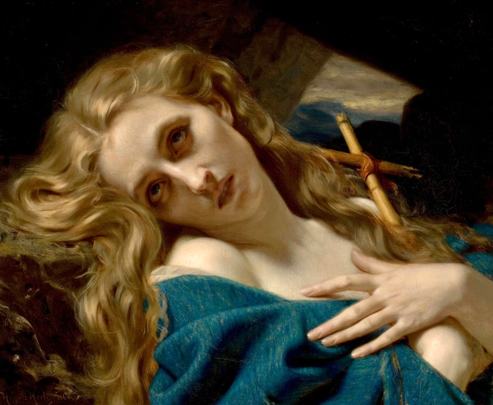 Mary Magdalene ホワイテリーフキャノチェ ネイビー Mary Magdalene in the Cave” by Hugues Merle, 1868