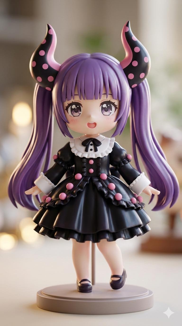 cute chibi dress chibi-style anime girl figure, big sparkling innocent eyes, cute sweet expression, small open mouth, purple long hair with straight bangs, hair tied into two very high twin tails, huge black-and-pink polka-dot BLACK LACE no drilling or tools Ren Faire, Renaissance Dress, Ideas Colors:Black