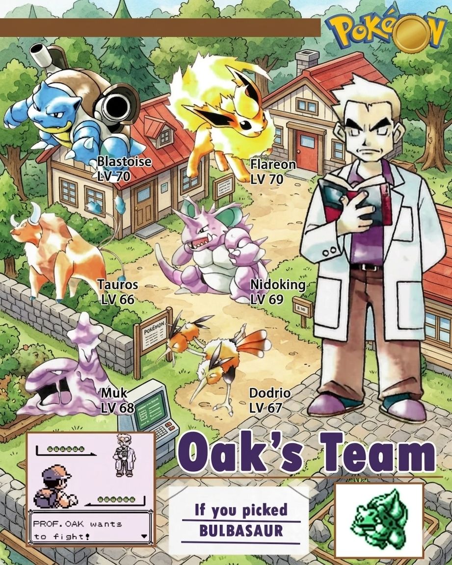 Professor Oak's Team Breakdown Pokémon Level Type Blastoise 70
