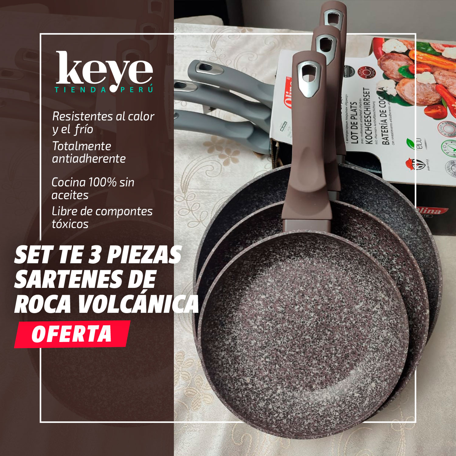 Keye - 🍳 SET TE 3 PIEZAS SARTENES DE ROCA VOLCÁNICA 🍳 MEDIDAS 22 CM 24 ...