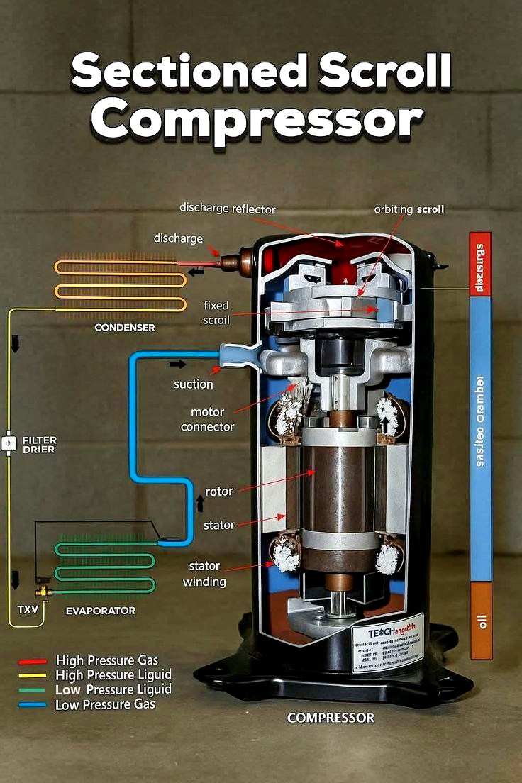 Refrigeration system | Compresor scroll seccionado: muestra el ...