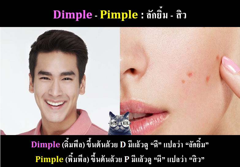 เพื่อนอังกฤษ - Dimple - Pimple = ลักยิ้ม – สิว จำว่า Dimple ขึ้นต้นด้วย ...