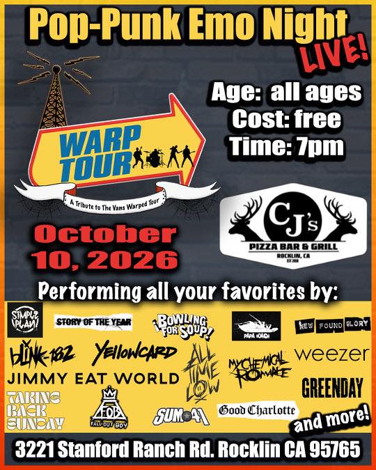 Pop-punk emo night at CJ's Pizza Bar in Rocklin Oct 2026