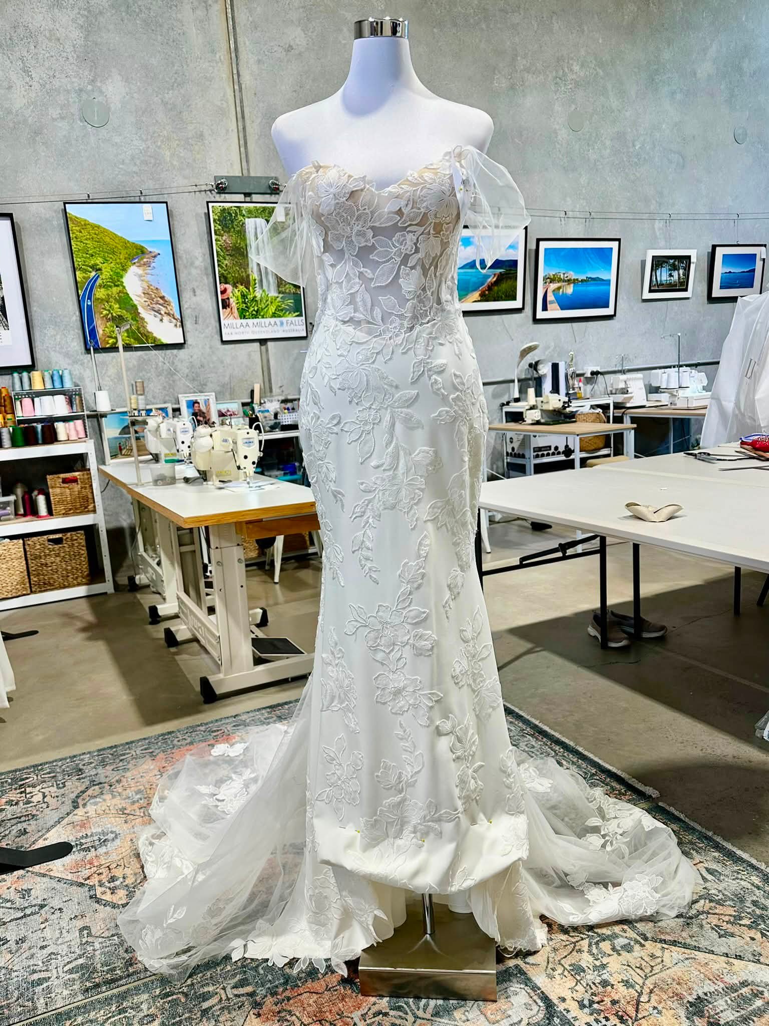 This fine wedding gown altered to remove sleeves and take up hem with 3 layers shortened and floral appliqué to deal with on the outer #ornalterations #alterations #clothingalterations #seamstress #sewing #cairns #ช่างอรorn