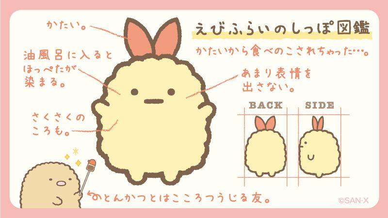 角落生物sumikko Gurashi Lovers すみっコぐらし 炸蝦尾的圖鑑炸蝦尾巴是日本的炸物 紅色的耳朵是硬的 身體是由油炸 成黃金色的 脆脆的麵皮 被吃剩的經歷令她的面上沒有太多表情 跟炸豬排是很要好的朋友 Picture Book Of Ebi Tail Ebi Tail Is A Kind Of Japanese