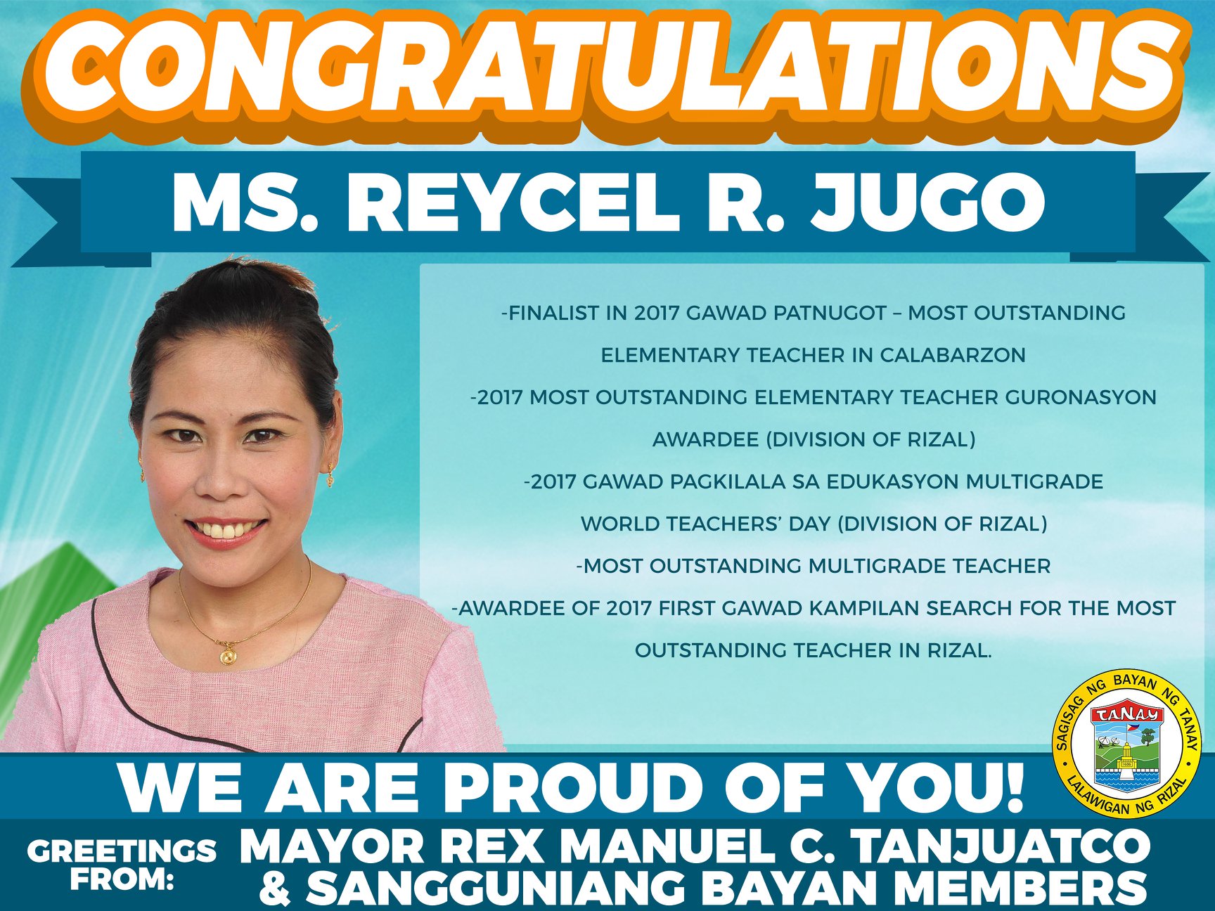 Congratulations Ms. Reycel... - Municipality of Tanay, Rizal
