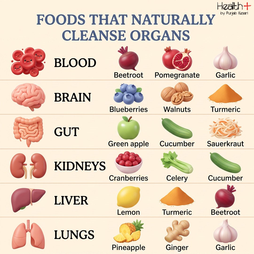 FOODS THAT NATURALLY CLEANSE ORGANS Your body has amazing natural detox systems—and the right foods can help support them. 🥦🍋🍎 Add more nutrient-rich fruits, vegetables, whole grains, and plenty of water to